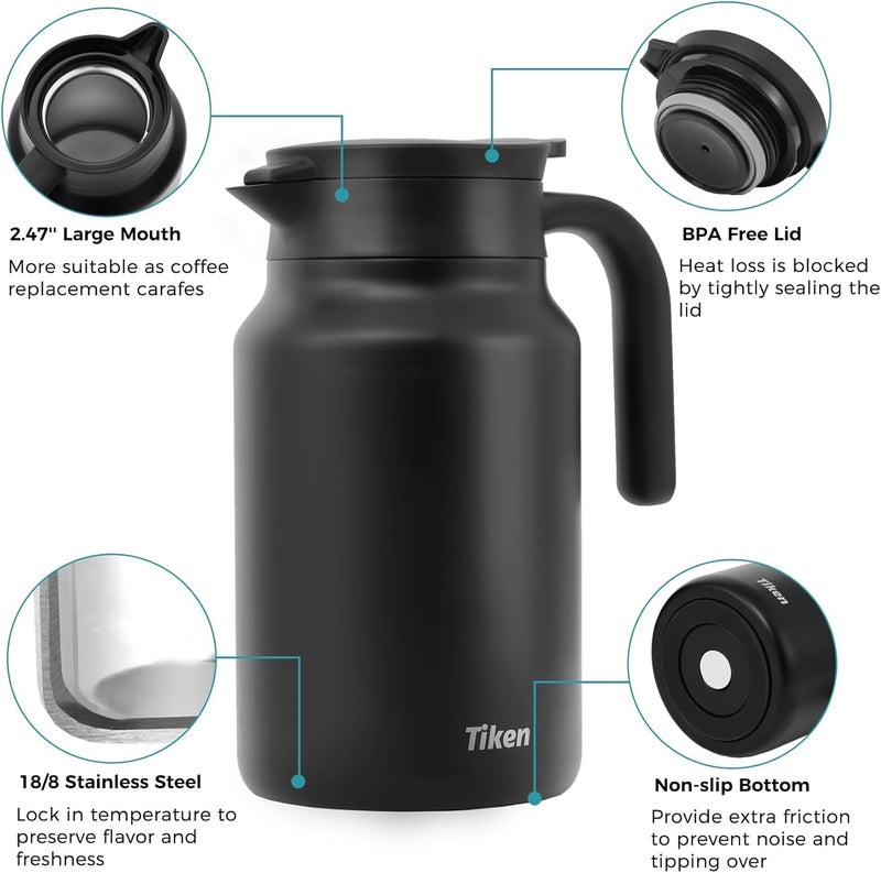 Tiken 51 Oz Thermal Coffee Carafes For Keeping Hot, Double Wall Stainless Steel Insulated Coffee Carafe, 1.5 Liter Beverage Pitcher (Matte Black) - Image 4
